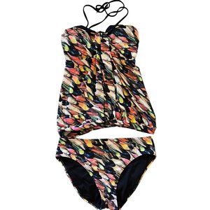 AERIN ROSE Black and Multi-Color Print Tankini Top (32B/C) Bottom (Small)